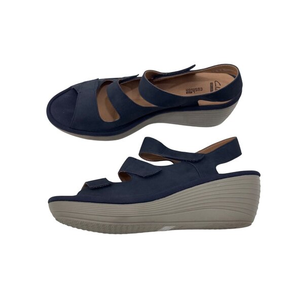 Clarks Navy Blue Nubuck Adjustable Strap Wedge Sandals Women Size 9.5M Comfort - Picture 9 of 14